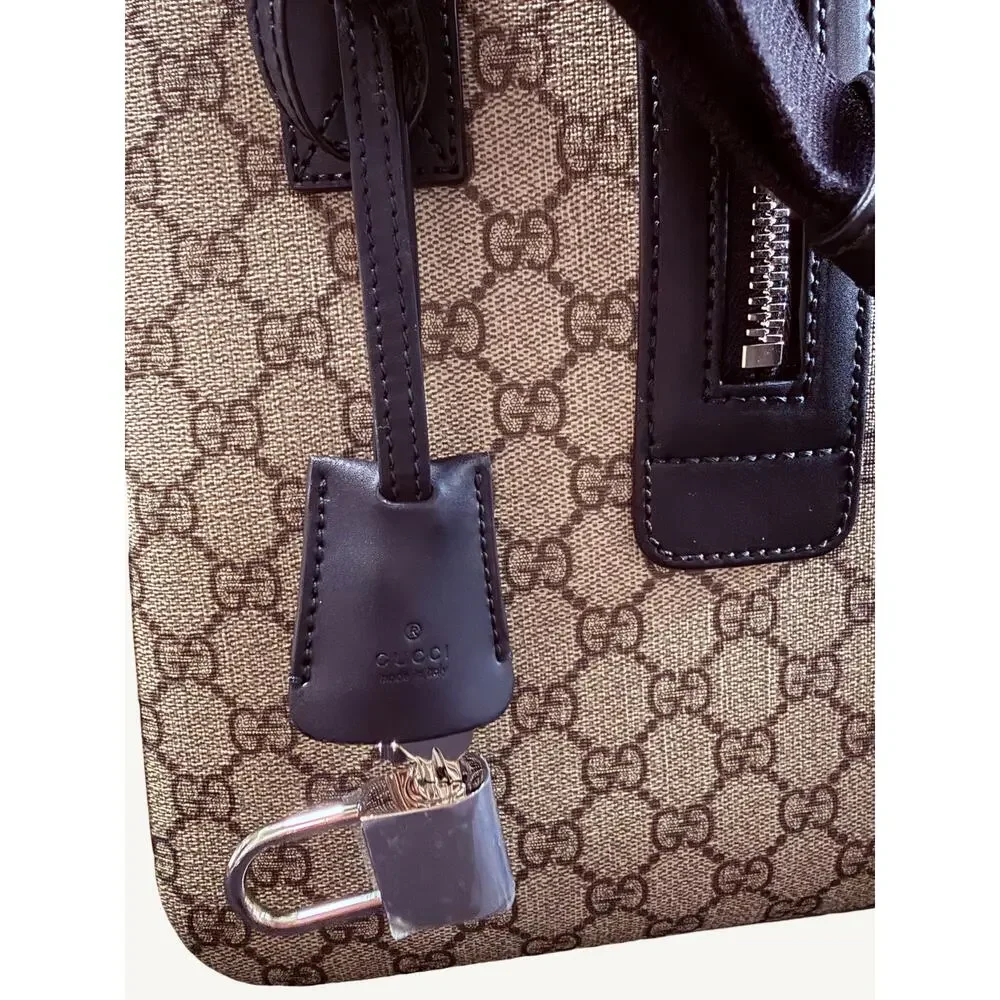 Gucci GG Supreme XL Travel Duffel Bag Beige Ebony Black Leather Full Set New